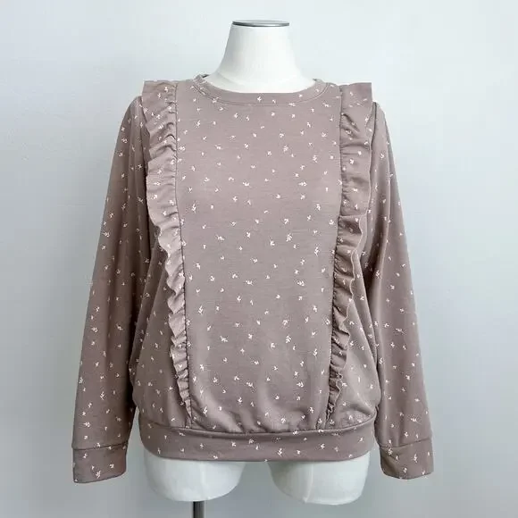 LC Lauren Conrad Tiny Floral Ruffle Terry Cloth Crewneck Sweatshirt OX - Picture 2 of 7